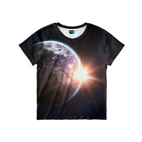 Детская футболка 3D с принтом Космический свет в Новосибирске, 100% гипоаллергенный полиэфир | прямой крой, круглый вырез горловины, длина до линии бедер, чуть спущенное плечо, ткань немного тянется | Тематика изображения на принте: вселенная | галактика | земля | солнце