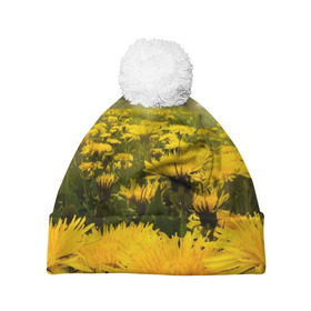 Шапка 3D c помпоном с принтом Цветочная поляна в Новосибирске, 100% полиэстер | универсальный размер, печать по всей поверхности изделия | лес | поляна | прикольные картинки | цветочки | цветы