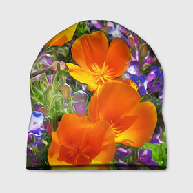Шапка 3D с принтом Оранжевые цветы в Новосибирске, 100% полиэстер | универсальный размер, печать по всей поверхности изделия | лепестки | прикольные картинки | цветочки | цветы