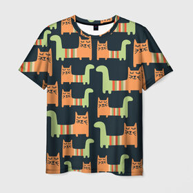 Мужская футболка 3D с принтом Котейки в Новосибирске, 100% полиэфир | прямой крой, круглый вырез горловины, длина до линии бедер | кот | коты | кошки | паттерн