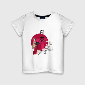 Детская футболка хлопок с принтом Гейша в Новосибирске, 100% хлопок | круглый вырез горловины, полуприлегающий силуэт, длина до линии бедер | Тематика изображения на принте: иероглиф | сакура | япония