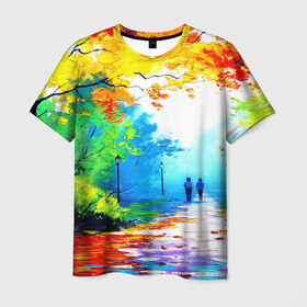 Мужская футболка 3D с принтом Прогулка в Новосибирске, 100% полиэфир | прямой крой, круглый вырез горловины, длина до линии бедер | желтая листва | живопись | зелень | картина | осень | природа | рисунок | солнце