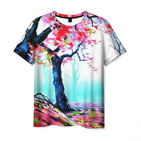 Мужская футболка 3D с принтом Сакура в Новосибирске, 100% полиэфир | прямой крой, круглый вырез горловины, длина до линии бедер | весна | живопись | сакура | япония