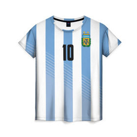 Женская футболка 3D с принтом Месси (сборная Аргентины) в Новосибирске, 100% полиэфир ( синтетическое хлопкоподобное полотно) | прямой крой, круглый вырез горловины, длина до линии бедер | barcelona | lionel | messi | аргентина | барселона | кубок | лионель | мира | сборная | футбол