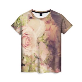Женская футболка 3D с принтом Винтажные розы в Новосибирске, 100% полиэфир ( синтетическое хлопкоподобное полотно) | прямой крой, круглый вырез горловины, длина до линии бедер | Тематика изображения на принте: vintage | винтаж | зелень | лето | пионы | розы | узоры | цветы