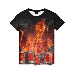Женская футболка 3D с принтом Огненный скелет в Новосибирске, 100% полиэфир ( синтетическое хлопкоподобное полотно) | прямой крой, круглый вырез горловины, длина до линии бедер | арт | дум | иллюзия | краска | лучи | огонь | пламя | прикольные | свет | текстуры