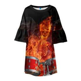 Детское платье 3D с принтом Огненный скелет в Новосибирске, 100% полиэстер | прямой силуэт, чуть расширенный к низу. Круглая горловина, на рукавах — воланы | арт | дум | иллюзия | краска | лучи | огонь | пламя | прикольные | свет | текстуры