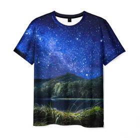 Мужская футболка 3D с принтом Звездная ночь в Новосибирске, 100% полиэфир | прямой крой, круглый вырез горловины, длина до линии бедер | галактика | горы | звезды | космос | лес | ночь | озеро | сосны | тайга