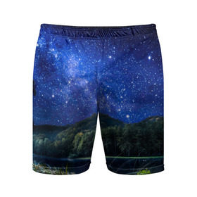 Мужские шорты 3D спортивные с принтом Звездная ночь в Новосибирске,  |  | галактика | горы | звезды | космос | лес | ночь | озеро | сосны | тайга