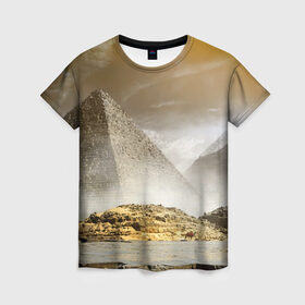 Женская футболка 3D с принтом Egypt в Новосибирске, 100% полиэфир ( синтетическое хлопкоподобное полотно) | прямой крой, круглый вырез горловины, длина до линии бедер | egypt | египет | закат | золото | клеопатра | мумия | песок | пирамиды | пустыня | солнце