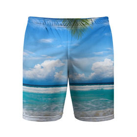 Мужские шорты 3D спортивные с принтом Карибский пляж в Новосибирске,  |  | волны | лето | море | океан | отдых | пальма | пляж | солнце
