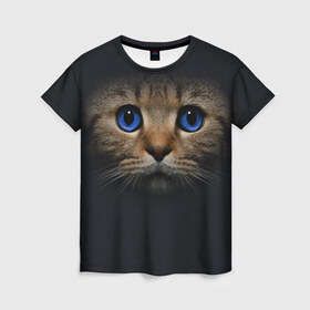 Женская футболка 3D с принтом Кот с синими глазами в Новосибирске, 100% полиэфир ( синтетическое хлопкоподобное полотно) | прямой крой, круглый вырез горловины, длина до линии бедер | кот | котенок | кошка | мордочка