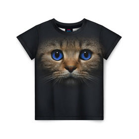 Детская футболка 3D с принтом Кот с синими глазами в Новосибирске, 100% гипоаллергенный полиэфир | прямой крой, круглый вырез горловины, длина до линии бедер, чуть спущенное плечо, ткань немного тянется | кот | котенок | кошка | мордочка