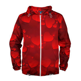 Мужская ветровка 3D с принтом Красные сердца в Новосибирске, 100% полиэстер | подол и капюшон оформлены резинкой с фиксаторами, два кармана без застежек по бокам, один потайной карман на груди | heart | red | любовь | орнамент | сердце | узор