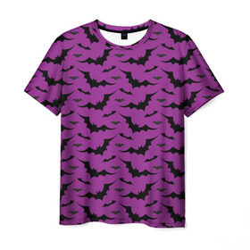 Мужская футболка 3D с принтом Стая летучих мышей в Новосибирске, 100% полиэфир | прямой крой, круглый вырез горловины, длина до линии бедер | bat | классно | круто | летучая | мышь | стильно | текстура | фиолетовый | фон | черный