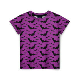 Детская футболка 3D с принтом Стая летучих мышей в Новосибирске, 100% гипоаллергенный полиэфир | прямой крой, круглый вырез горловины, длина до линии бедер, чуть спущенное плечо, ткань немного тянется | bat | классно | круто | летучая | мышь | стильно | текстура | фиолетовый | фон | черный