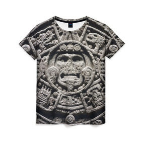 Женская футболка 3D с принтом Календарь ацтеков в Новосибирске, 100% полиэфир ( синтетическое хлопкоподобное полотно) | прямой крой, круглый вырез горловины, длина до линии бедер | ацтеки | древняя цивилизация | индейцы | майя | южная америка