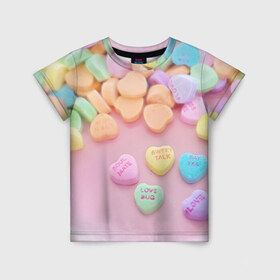 Детская футболка 3D с принтом конфеты в Новосибирске, 100% гипоаллергенный полиэфир | прямой крой, круглый вырез горловины, длина до линии бедер, чуть спущенное плечо, ткань немного тянется | candy | драже | конфеты | леденцы | сахар | сладости
