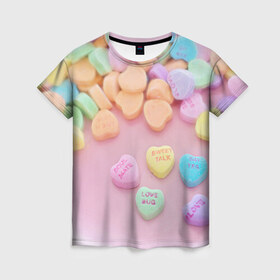 Женская футболка 3D с принтом конфеты в Новосибирске, 100% полиэфир ( синтетическое хлопкоподобное полотно) | прямой крой, круглый вырез горловины, длина до линии бедер | candy | драже | конфеты | леденцы | сахар | сладости
