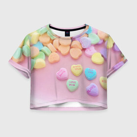 Женская футболка 3D укороченная с принтом конфеты в Новосибирске, 100% полиэстер | круглая горловина, длина футболки до линии талии, рукава с отворотами | candy | драже | конфеты | леденцы | сахар | сладости