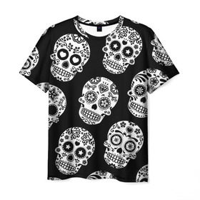 Мужская футболка 3D с принтом Черепа в Новосибирске, 100% полиэфир | прямой крой, круглый вырез горловины, длина до линии бедер | день мертвых | мексика | паттерн | традция | узоры | цветы | черно белый | черный