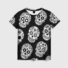 Женская футболка 3D с принтом Черепа в Новосибирске, 100% полиэфир ( синтетическое хлопкоподобное полотно) | прямой крой, круглый вырез горловины, длина до линии бедер | день мертвых | мексика | паттерн | традция | узоры | цветы | черно белый | черный