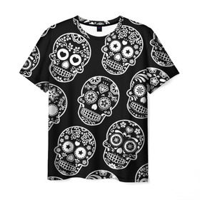 Мужская футболка 3D с принтом Черепа в Новосибирске, 100% полиэфир | прямой крой, круглый вырез горловины, длина до линии бедер | день мертвых | мексика | паттерн | традиция | узоры | цветы | черно белый