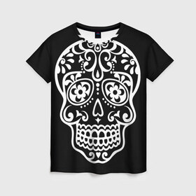 Женская футболка 3D с принтом Мексиканский череп в Новосибирске, 100% полиэфир ( синтетическое хлопкоподобное полотно) | прямой крой, круглый вырез горловины, длина до линии бедер | день мертвых | мексика | традция | узоры | цветы | черный