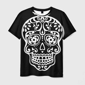 Мужская футболка 3D с принтом Мексиканский череп в Новосибирске, 100% полиэфир | прямой крой, круглый вырез горловины, длина до линии бедер | день мертвых | мексика | традция | узоры | цветы | черный