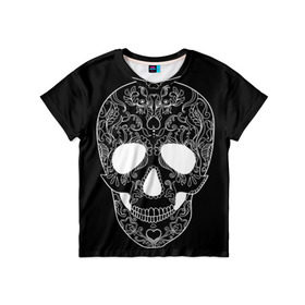 Детская футболка 3D с принтом Мексиканский череп в Новосибирске, 100% гипоаллергенный полиэфир | прямой крой, круглый вырез горловины, длина до линии бедер, чуть спущенное плечо, ткань немного тянется | день мертвых | мексика | традция | узоры | цветы | черный