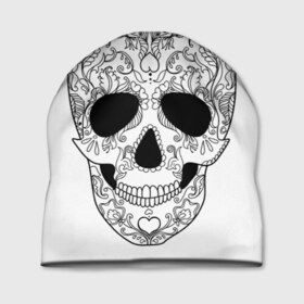 Шапка 3D с принтом Мексиканский череп в Новосибирске, 100% полиэстер | универсальный размер, печать по всей поверхности изделия | белый | день мертвых | мексика | традция | узоры | цветы
