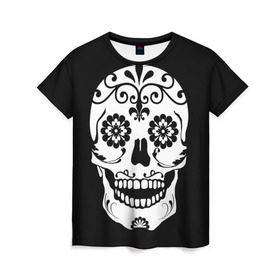 Женская футболка 3D с принтом Мексиканский череп в Новосибирске, 100% полиэфир ( синтетическое хлопкоподобное полотно) | прямой крой, круглый вырез горловины, длина до линии бедер | cobwebs | color | day of the dead | dead | death | eyes | girl | halloween | holiday | makeup | mask | mexican skull | mexico | ornament | pattern | взгляд | девушка | день мертвых | макияж | маска | мексика | мексиканский череп | мертвецов | орнамент | п