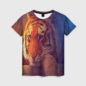 Женская футболка 3D с принтом Тигр в Новосибирске, 100% полиэфир ( синтетическое хлопкоподобное полотно) | прямой крой, круглый вырез горловины, длина до линии бедер | лев | тигр