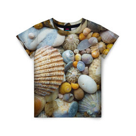 Детская футболка 3D с принтом Морские ракушки и камни в Новосибирске, 100% гипоаллергенный полиэфир | прямой крой, круглый вырез горловины, длина до линии бедер, чуть спущенное плечо, ткань немного тянется | камни | море | морские камни | ракушки