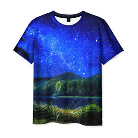 Мужская футболка 3D с принтом Звездное небо в Новосибирске, 100% полиэфир | прямой крой, круглый вырез горловины, длина до линии бедер | звезда | небо | ночь | озеро