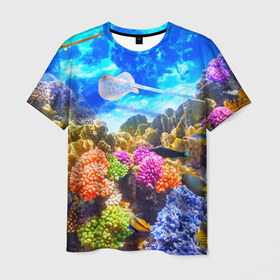 Мужская футболка 3D с принтом Подводный мир в Новосибирске, 100% полиэфир | прямой крой, круглый вырез горловины, длина до линии бедер | вода | коралл | океан | рыбки | синяя