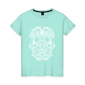 Женская футболка хлопок с принтом Мексиканский череп в Новосибирске, 100% хлопок | прямой крой, круглый вырез горловины, длина до линии бедер, слегка спущенное плечо | mexi | день мертвых | мексика | мексиканский череп | мертвецов | орнамент | праздник | узоры | цветы