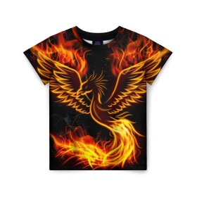 Детская футболка 3D с принтом Феникс в Новосибирске, 100% гипоаллергенный полиэфир | прямой крой, круглый вырез горловины, длина до линии бедер, чуть спущенное плечо, ткань немного тянется | Тематика изображения на принте: огонь | пламя | птица