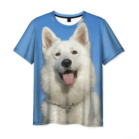 Мужская футболка 3D с принтом белый пес в Новосибирске, 100% полиэфир | прямой крой, круглый вырез горловины, длина до линии бедер | dog | friend | взгляд | волк | друг | пес | собака | хаски