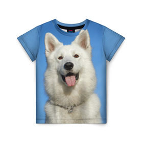 Детская футболка 3D с принтом белый пес в Новосибирске, 100% гипоаллергенный полиэфир | прямой крой, круглый вырез горловины, длина до линии бедер, чуть спущенное плечо, ткань немного тянется | Тематика изображения на принте: dog | friend | взгляд | волк | друг | пес | собака | хаски