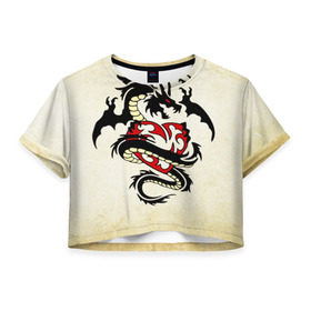 Женская футболка 3D укороченная с принтом Покоритель сердец в Новосибирске, 100% полиэстер | круглая горловина, длина футболки до линии талии, рукава с отворотами | dragon | дракон | дракоша | змей | когти | крылья | монстр | огонь | пламя | рога | тату | татуировка | трайбл | чешуя | чудовище | шипы