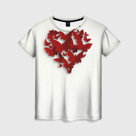 Женская футболка 3D с принтом Сердце из бабочек в Новосибирске, 100% полиэфир ( синтетическое хлопкоподобное полотно) | прямой крой, круглый вырез горловины, длина до линии бедер | 