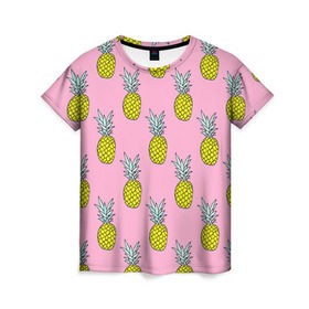Женская футболка 3D с принтом Ананасы 2 в Новосибирске, 100% полиэфир ( синтетическое хлопкоподобное полотно) | прямой крой, круглый вырез горловины, длина до линии бедер | летний | паттерн | розовый