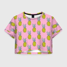 Женская футболка 3D укороченная с принтом Ананасы 2 в Новосибирске, 100% полиэстер | круглая горловина, длина футболки до линии талии, рукава с отворотами | летний | паттерн | розовый