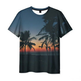 Мужская футболка 3D с принтом Пальмы в Новосибирске, 100% полиэфир | прямой крой, круглый вырез горловины, длина до линии бедер | sea | summer | берег | лето | море | океан | отдых | пальмы | пляж | солнце