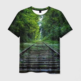 Мужская футболка 3D с принтом Лес в Новосибирске, 100% полиэфир | прямой крой, круглый вырез горловины, длина до линии бедер | forest | деревья | дорога | зелень | лес | рельсы | сосны | тайга