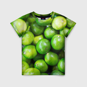 Детская футболка 3D с принтом Лаймы в Новосибирске, 100% гипоаллергенный полиэфир | прямой крой, круглый вырез горловины, длина до линии бедер, чуть спущенное плечо, ткань немного тянется | Тематика изображения на принте: зелень | лаймы | лето | лимоны | солнце | текстура | фрукты
