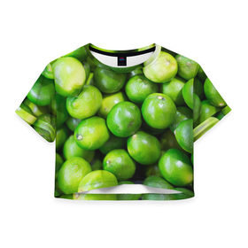 Женская футболка 3D укороченная с принтом Лаймы в Новосибирске, 100% полиэстер | круглая горловина, длина футболки до линии талии, рукава с отворотами | Тематика изображения на принте: зелень | лаймы | лето | лимоны | солнце | текстура | фрукты