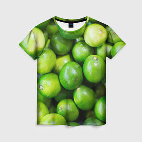 Женская футболка 3D с принтом Лаймы в Новосибирске, 100% полиэфир ( синтетическое хлопкоподобное полотно) | прямой крой, круглый вырез горловины, длина до линии бедер | зелень | лаймы | лето | лимоны | солнце | текстура | фрукты