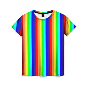 Женская футболка 3D с принтом Радуга вертикальные полосы в Новосибирске, 100% полиэфир ( синтетическое хлопкоподобное полотно) | прямой крой, круглый вырез горловины, длина до линии бедер | вертикальные | жёлтый | зелёный | красный | оранжевый | полосы | радуга | синий | фиолетовый